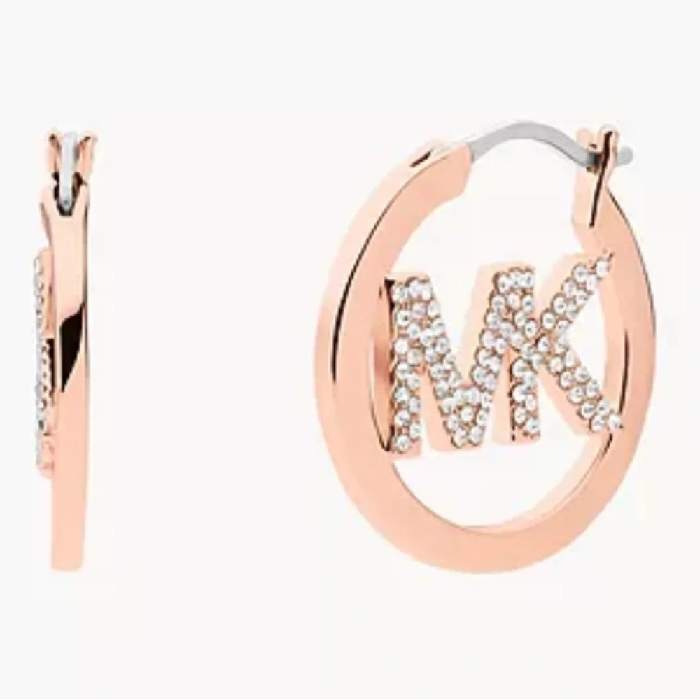 Michael Kor Rose Gold-Tone Pave Hoop Earrings NWT